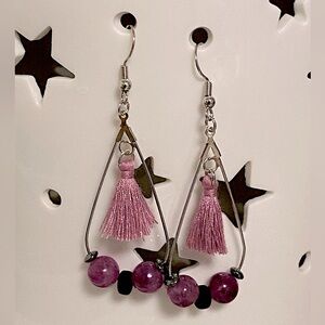 Handmade Lepidolite Hematite Natural Stone Hypoallergenic Teardrop Hoop Earrings